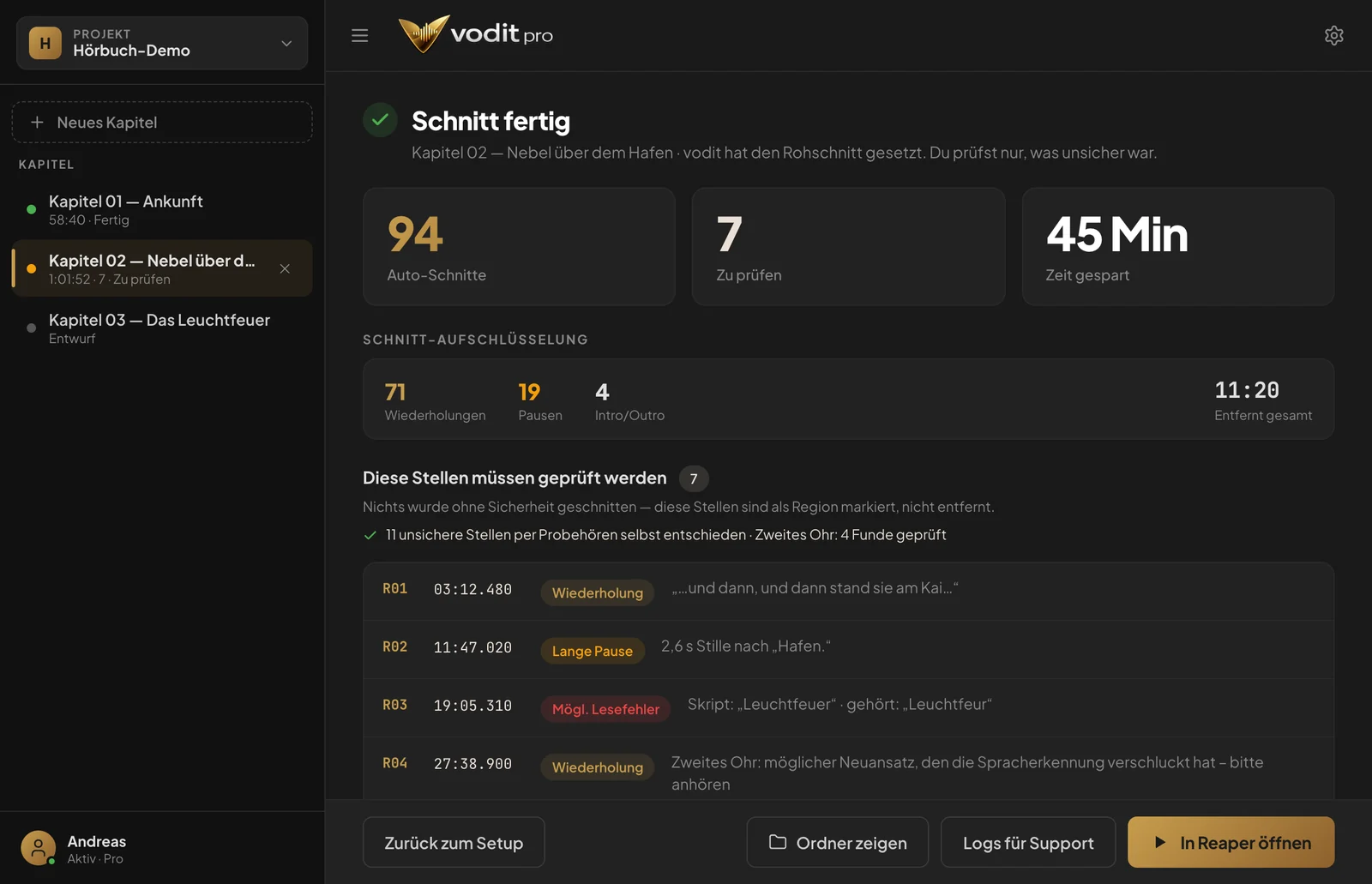 vodit pro App — Schnitt fertig: 94 Auto-Schnitte, 7 zu prüfen, 45 Minuten gespart (Demo-Projekt)